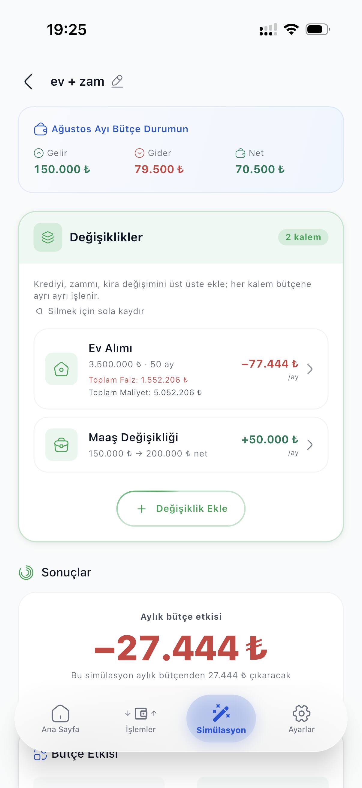 Simülasyon ekranı: ev alımı ve maaş değişikliği üst üste eklenmiş, aylık bütçe etkisi −27.444 ₺ olarak hesaplanmış.